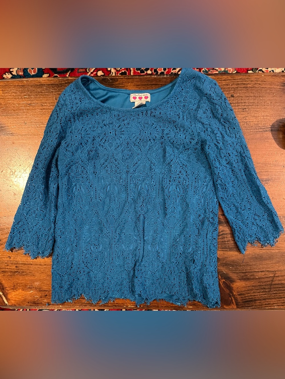 Three Hearts Teal Floral Lace Scoop Neck Blouse